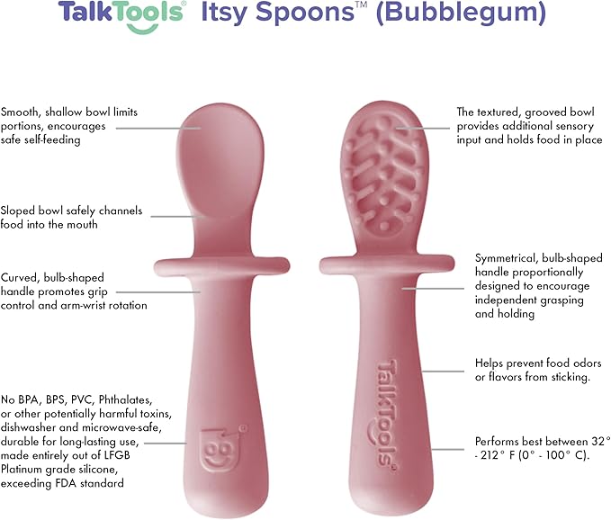 TalkTools ITSY Tiny Silicone Spoons ??Twin Pack Soft Silicone Self-Feeding Training Spoons for Kids & Toddlers, Anti-Choking Flange Guard and Non-Slip Handle (Bubblegum)