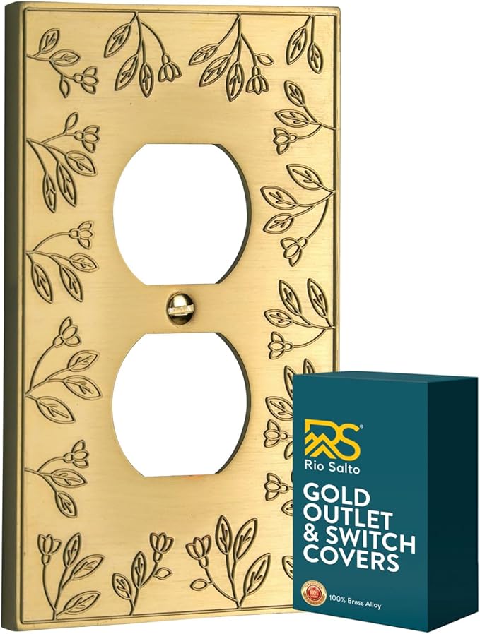 Rio Salto Metal Floral Decorative Wall Plate Outlet Cover Light Switch Cover Plate Electrical Outlets Single Duplex 1-gang Flower Wall Plates Brushed Gold, 1-Gang Duplex (1-Pack)