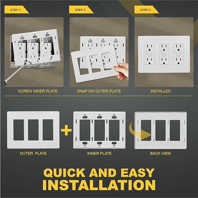Faith Electric 3-Gang Decorator Screwless Wall Plate Child Safe Outlet Covers, 4.68" H x 6.6" L, Fits GFCI, USB Receptacles, Dimmers, and Lighting Controls, ETL Listed, White