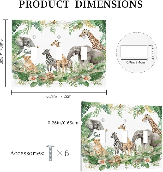 Tropical Leves Safari Animals Giraffe Elephant Zoo Decorative Switch Plates 3 Gang Wall Plate Triple Toggle Light Switch Cover Faceplate Electrical Wall Panels for Kids Room Nursery Decor