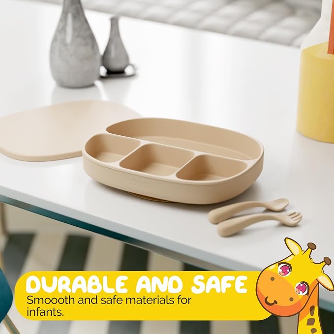 Baby Feeding essentials Baby Led Weaning Supplies in neutral Beige Color with Suction plates for baby with lid and baby spoons and toddler forks - (3 Piece Set)