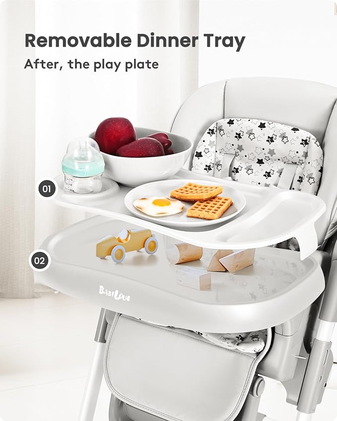 Babilous Foldable High Chair with Soft Cushion, High Chairs for Babies and Toddlers, Height Adjustable Feeding Chair, Adjustable Backrest and Footrest, Lockable Wheels, Star Gray