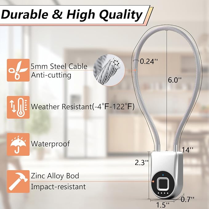 Fingerprint Cable Lock, Fridge Lock Child Proof Cabinet Locks with Bluetooth APP Control, Waterproof Refrigerator Lock French Door, Gate, Kitchen, Freezer, Cabinets and Drawers-Sliver