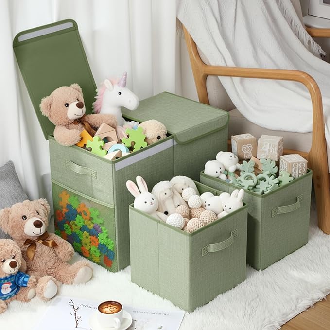 3 Pack Large Storage Bins Set 23" Toy Chest Storage with Lids and 11" Cubes Organizer Bins for Kids Bedroom Closet Shelf Organizer for Clothes Blankets Nursery Playroom(Green)