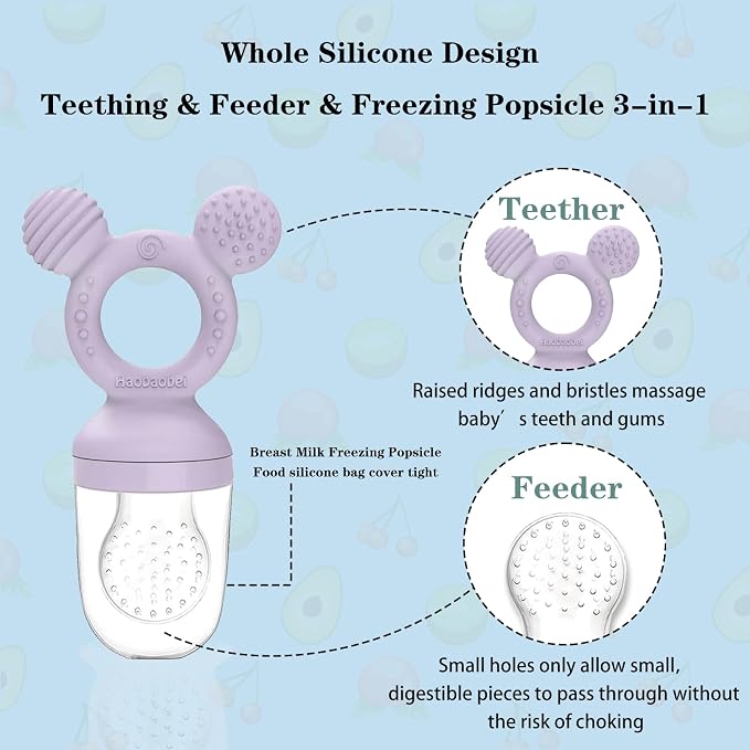 Baby Fruit Feeder, Frozen Teething Toys for Babies, Teether Pacifier with 3 Extra Teats, Eating Essentials, BPA Free Baby Feeding Supplies (Lavender)