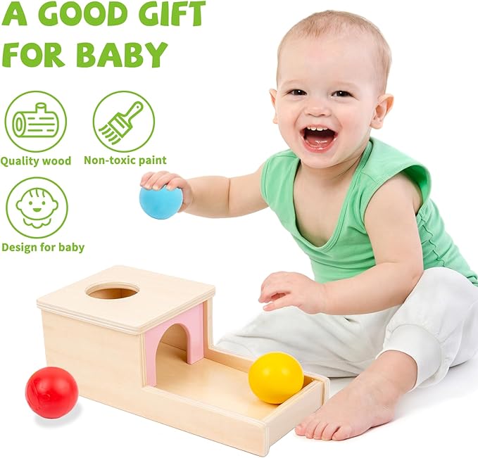 Adena Montessori Object Permanence Box with Tray Three Balls Montessori Toys for 6-12 Months Baby 1 Year Old Infant Toddler Wooden Pink Door for Girl