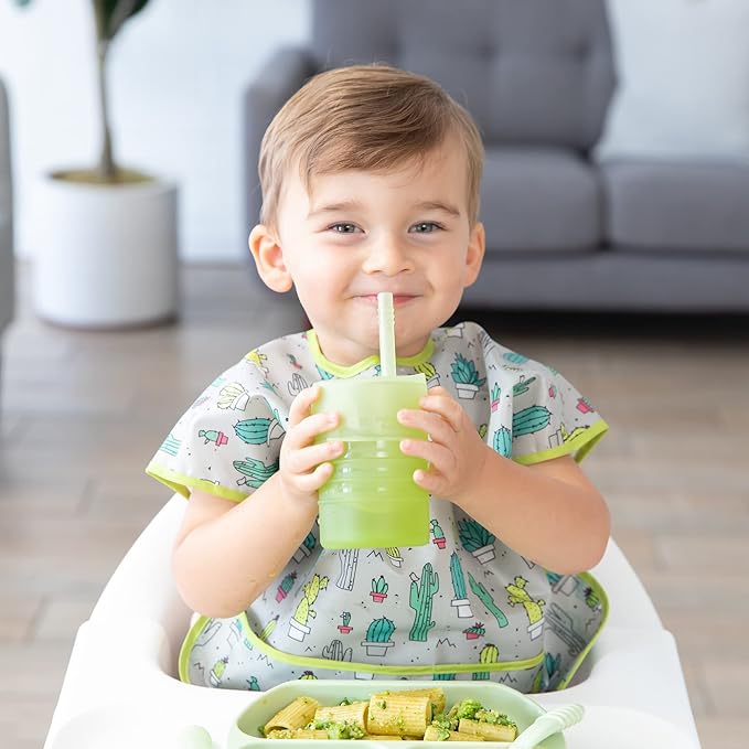 Bumkins Baby and Toddler Cups, Sippy Cup with Straw, Spill Proof, Transition Cup for Babies Age 1 Year, Safely Sip from Lid or Straw, First Year Supplies, Platinum Silicone, Holds 7oz, Sage Green