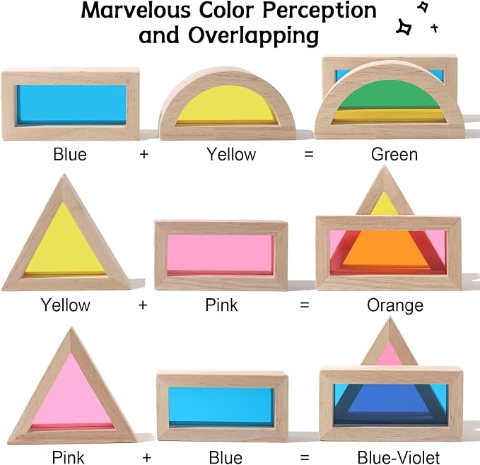 Dinhon 24-Piece Acrylic Montessori Blocks for Toddlers 18+ Months -Rainbow Stacking Toy, Non-Toxic Wooden Framed Geometric Blocks for Early STEM Learning & Sensory Play, Ideal Gift for Boys/Girls