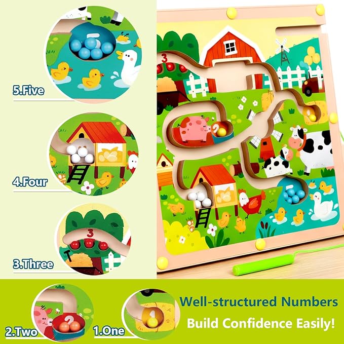 QimuMku Magnetic Color & Number Maze Farm Montessori Wooden Activity Board for Toddlers 1–5 Counting & Matching Game Fine Motor Skills Toy for 2 3 4 Year Old Boys Girls Road Trip Essentials