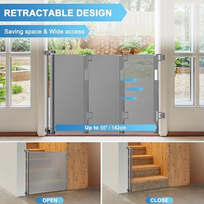 55 Inch Retractable Baby Gate for Stairs Retractable Dog Gates for Doorways Outdoor Baby Gates for Decks Indoor Dog Gates for The House Extra Wide Pet Gate Stair Gates for Kids or Pets Deck Gate Gray