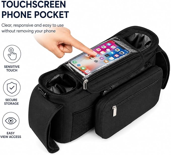 Stroller Organizer with Insulated Cup Holders and Detachable Pouch Universal Stroller Caddy Bag with Phone Pocket and Storage for Baby Essentials and Travel Accessories