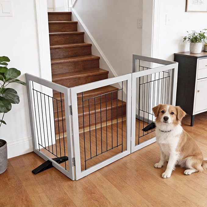Dog Fence Indoor - 6-Panel Freestanding Dog Gate for Doorways, Hallways, House or Stairs -120x32-Inch Retractable Foldable Expandable Wood Pet by SFJC (Grey)