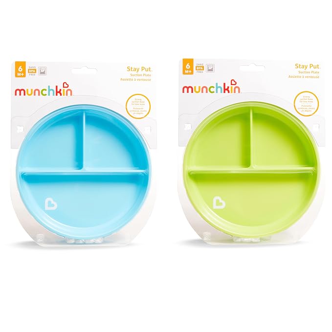 Munchkin Stay Put Suction Plates for Baby and Toddler,3 Divided Sections,Blue/Green,(Pack of 9)