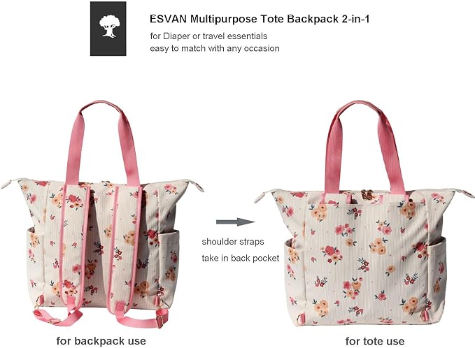 ESVAN Diaper Tote Bag Totepack Backpack 2 in 1 for Women Multifunctional Large Capacity with Insulated Pockets Travel | Multifunctional