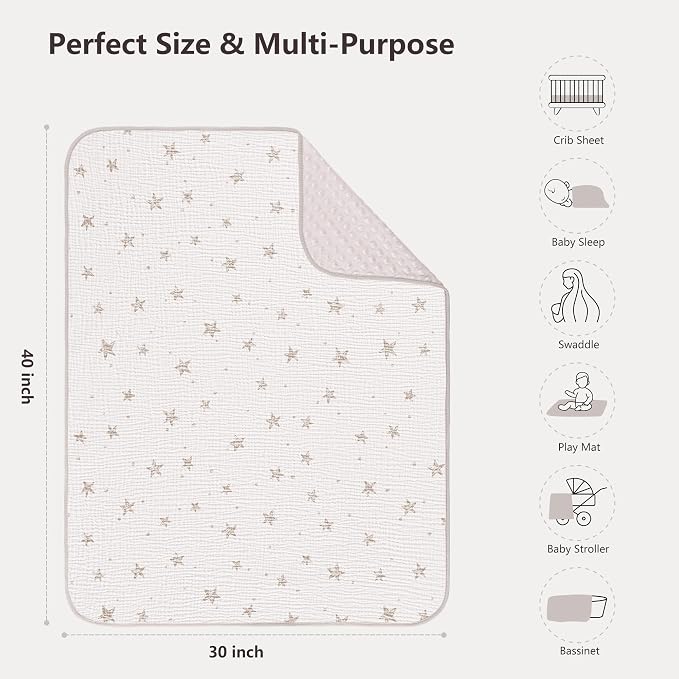 Susurration Baby Blanket for Unisex Boys Girls, Soft Nursery Minky Blanket with Muslin Cotton Front and Dotted Fleece Back, Receiving Blanket for Baby Newborn Infant, 30x40inch (Beige Star)