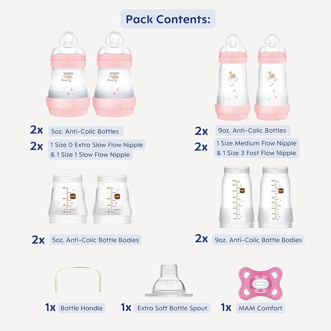 MAM Grow with Baby Feeding Set, Newborn Essentials Must Have for 0-3 Months, Anti-Colic Bottles, Pacifiers and Skinsoft Silicone Nipples, Baby Gift 11 Piece, BPA Free for Girl (Pack of 6)