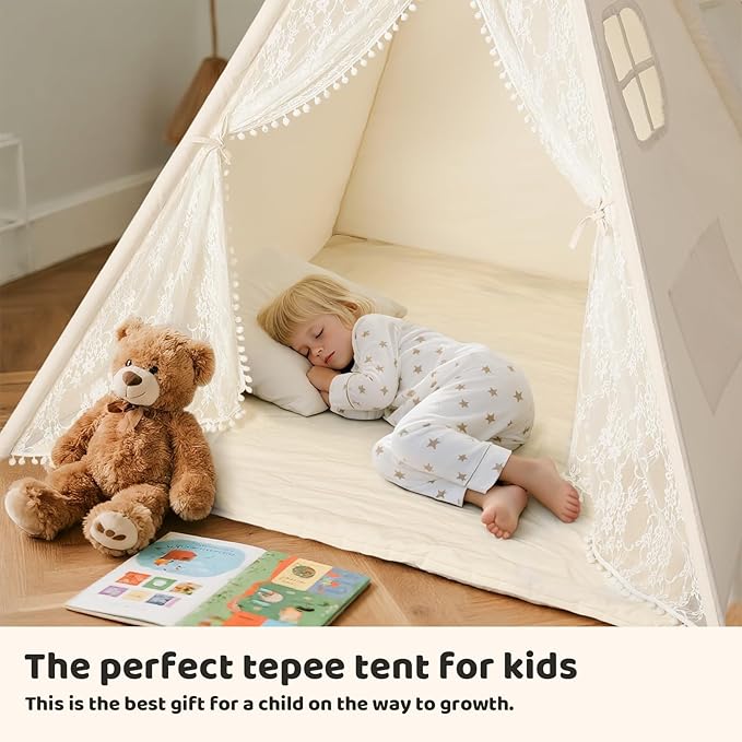 Kids Tent for Girls Indoor, Teepee Tent for Kids with Lights, Foldable Play Tent for Bedroom Corner, Cozy Toddler Tent Reading Nook & Birthday Gift