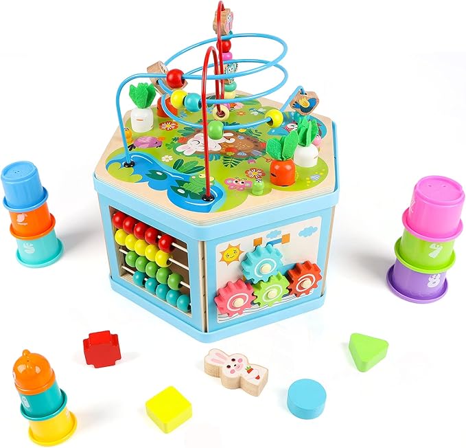 Wooden Activity Cube for 1 Year Old Kids, Educational Learning Bead Maze for Toddler Age 1-3, Developmental Montessori Toys for 12-36 Months Boys Girls Gift