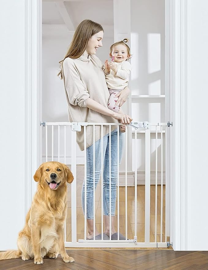 InnoTruth 29-39.6?�Baby Gate for Stairs,36" Extra Tall Dog Gate for The House,Dual-Lock Safety and One Hand Opening Design,Kid Gate for Doorways,Kitchen,Room,Wall-Friendly Pressure Mounted, Pure White