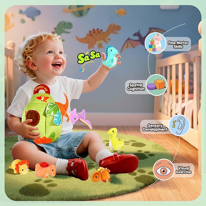 FREYBLI Baby Toys 6-12 Months - Soft Dinosaur Egg Toy with Rattle, Crinkle Paper, Squeaker, Mirror - Montessori Toys for 6 Month Old Developmental, Boy Girl Gifts Baby Easter Basket Stuffers