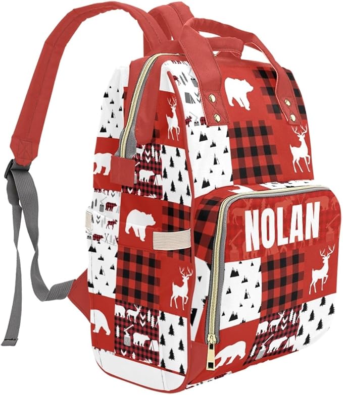 Personalized Woodland Deer Bear Diaper Bag with Name – Custom Baby Bag, Nursing Tote Backpack for Mom, Custom Name Mommy Daypack, Shower Gift for Baby