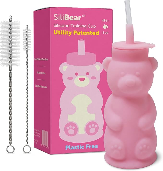 Silipint Honey Bear Straw Cup for Baby & Toddler – Soft Silicone Squeeze Training Straw Cup, Leak-Resistant Baby Sippy Cup for Bottle Transition, BPA Free, Dishwasher Safe, 8 oz Pink