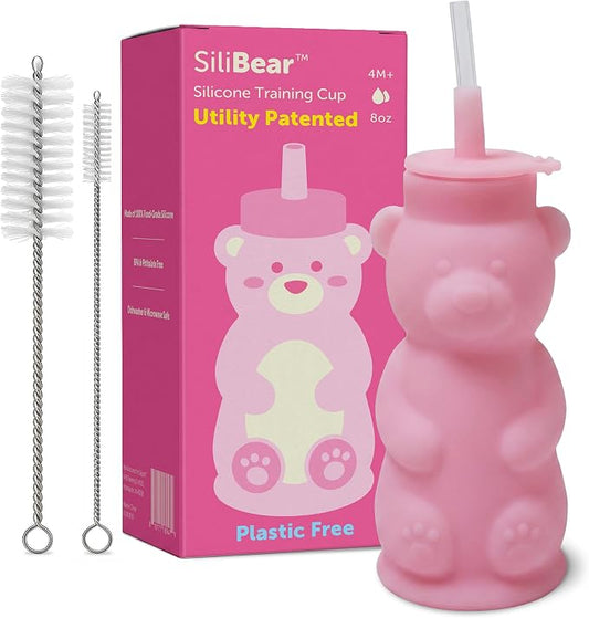 Silipint Honey Bear Straw Cup for Baby & Toddler – Soft Silicone Squeeze Training Straw Cup, Leak-Resistant Baby Sippy Cup for Bottle Transition, BPA Free, Dishwasher Safe, 8 oz Pink