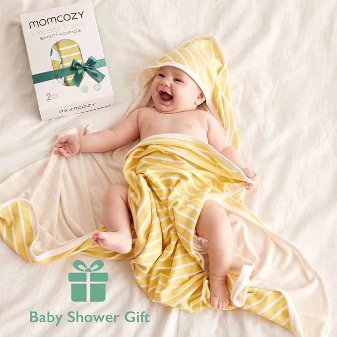 Momcozy Hooded Baby Towel, 2 Pack Baby Bath Towel Set with Large 35 X 35 Inch, Super Soft Cotton and Hooded Towel for Newborn, Toddler and Kid, Lemon Leaves