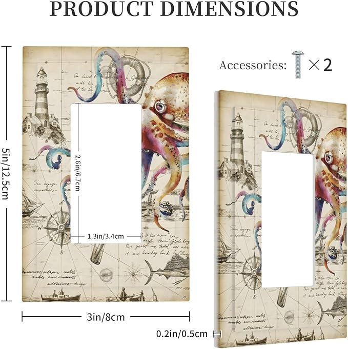 Cool Colorful Nautical Octopus Ocean Kraken Vintage Decorative Outlet Covers 1 Gang Single Rocker Light Switch Cover Plate Wall Plates GFCI Faceplate for Bathroom Farmhouse Decor