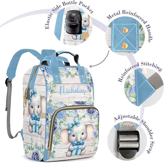 Cute Elephant Large Personalized Diaper Bag Backpack for Baby Boy with Name, Thermal Pockets, Waterproof Custom Baby Bags for Boys, Multi-functional Customized Nappy Bag Mom Travel Daypack