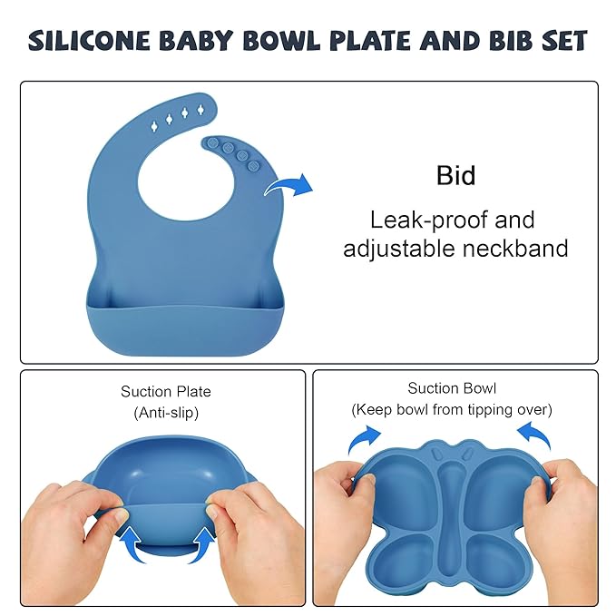 Silicone Baby Feeding Set, Baby Led Weaning Supplies, Silicone Suction Butterfly Plate, Bowl, Spoons, Fork and Waterproof Bib & Cloth Bib, Eating Utensils Baby Feeding Essentials (Blue)