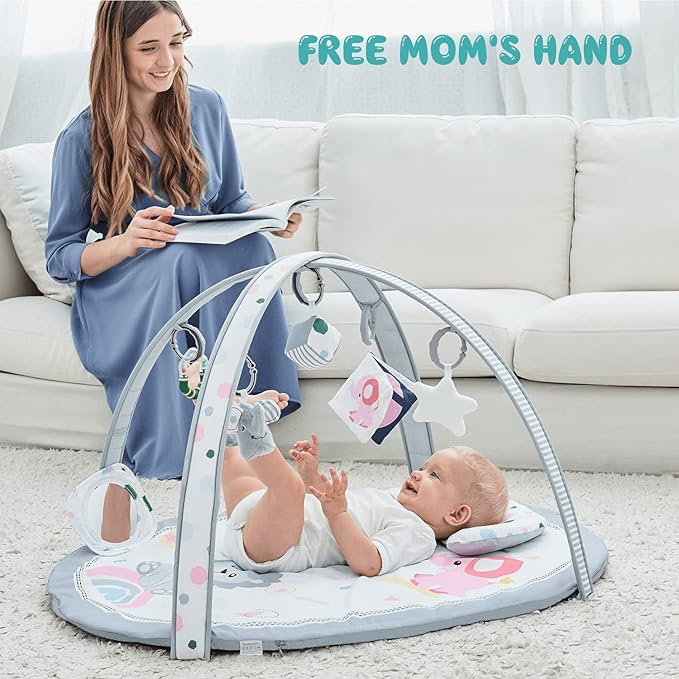 Baby Play Mat, ibabejoy Stage-Based Play Gym with 2 Machine Washable Mat Covers for Newborn to Toddler, 7 in 1 Activity Mat for Infant Sensory & Motor Skills Development, Thicker Non-Slip