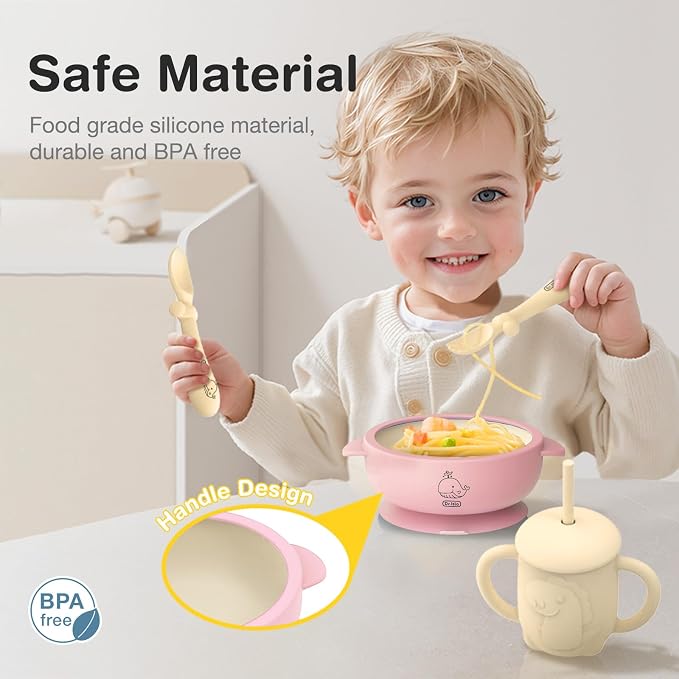Dr.Isla Baby Feeding Set 5 Pcs - BPA Free Food Grade Silicone Baby Essentials - Includes Suction Plate & Bowl, Training Sippy Cup, Soft Spoon & Fork, Toddler Eating Utensils, Baby Gift, Pink