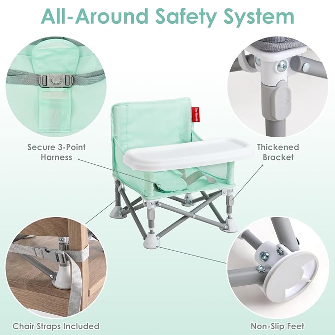 Tiny Marvels Portable Booster Seat, Foldable Baby High Chair with Removable Tray, Safety Harness & Carry Bag – for Toddlers Ages 6M-3Y, Ideal for Dining, Travel, Camping & Family Time