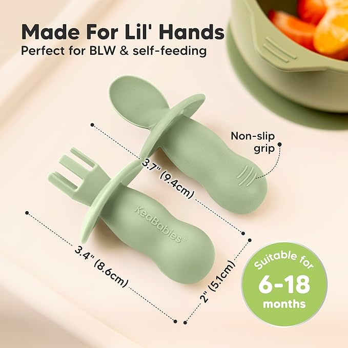 KeaBabies 4-Pack Silicone Baby Spoons and Forks Set - Baby Led Weaning Utensils 6-12 Months, Self Feeding Toddler Spoon & Fork for Training, Teething, Easy to Hold, BPA-Free Silicone (Sage)
