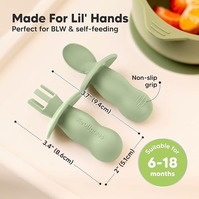 Keababies 4-Pack Silicone Baby Spoons and Forks Set and 12-Pack Baby Food Glass Containers - Baby Spoon Self Feeding, BLW Baby Utensils - 4 oz Leak-Proof, Microwavable, Baby Food Storage Container