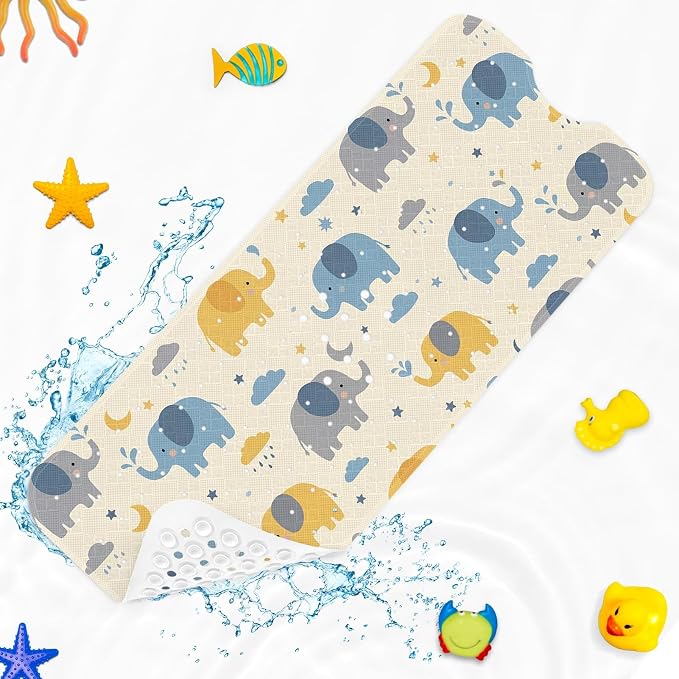 Elephant Cute Blue Bathtub Shower Mat Star Cloud Non-Slip Tub Extra Long Bath Floor 40X16 Inch Machine Washable for Bathroom Tub Bath Mat for Toddler and Baby