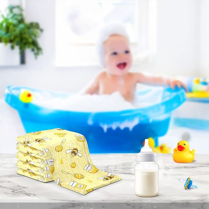 Baby Washcloths Cotton Flying Bees Honey Baby Muslin Washcloths Soft Baby Face Towel for Newborn Infants Baby Wipes, 11.8 X 11.8 Inch, 3 Pack Yellow