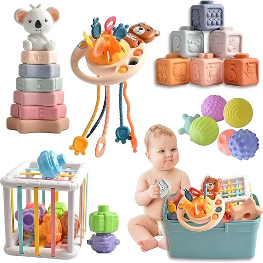 Montessori Sensory Activity Toy for Babies 6-18Months - Silicone Pull String Activity & Fine Motor Skill Development Toy - Travel-Friendly Stroller & High Chair Toys for Infants, Easy-Clean Design