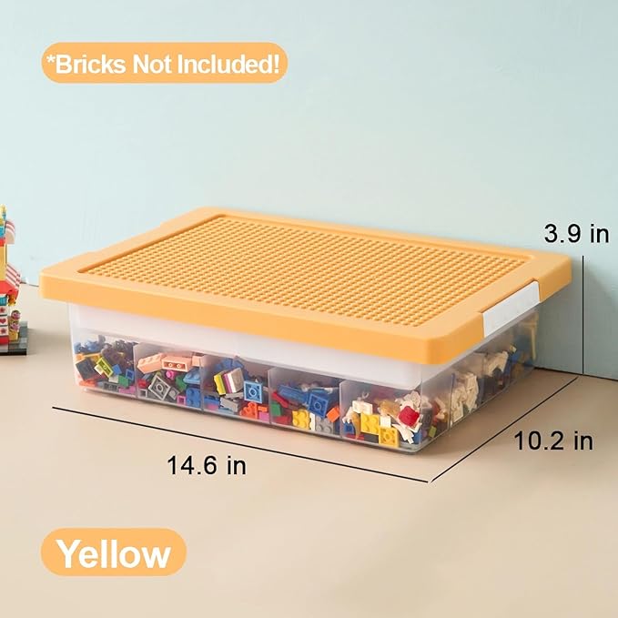 Toys Storage Organizer Box for Lego, Toy Storage Box with Building Plate Lid and Removable Tray, Building Block Storage, Stackable Plastic Organizer Bins(Yellow)