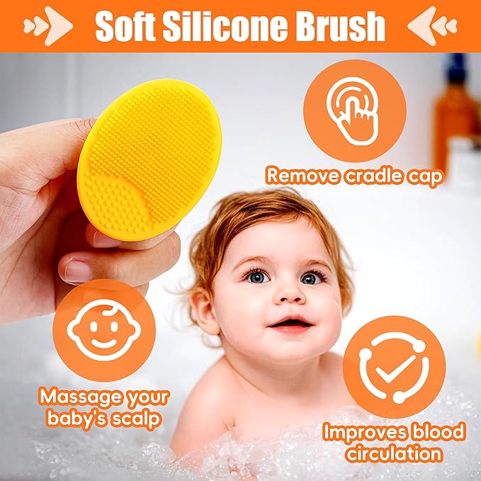 Cradle Cap Brush for Babies, 5Pcs Cradle Cap Treatment Set with Soft Bristle Brushes Silicone Scrubber Long Comb for Newborn Bathing Essentials Baby Brush and Comb Set (Orange)