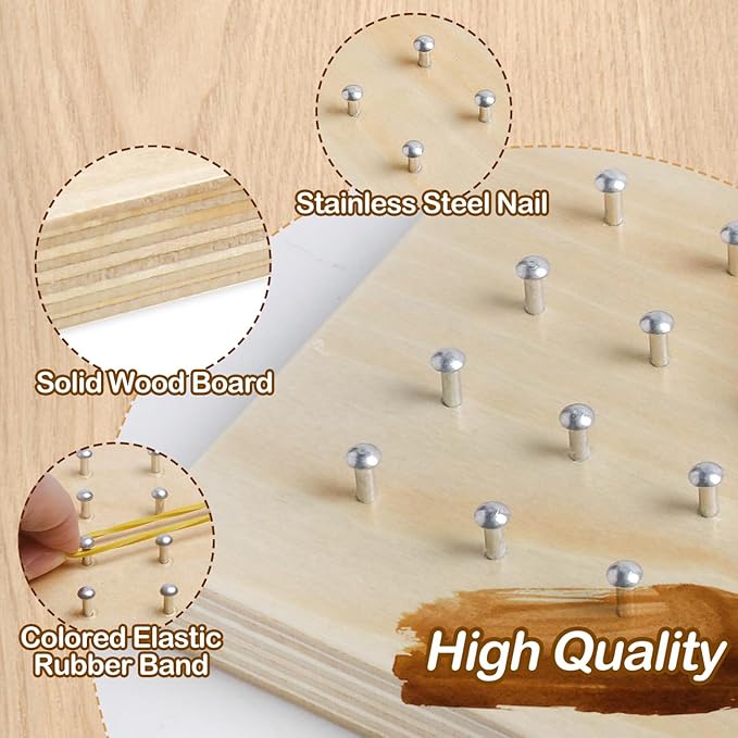 Wooden Geoboard with Rubber Bands Graphical Math Pattern Blocks Geo Board - Montessori Educational Toy for Kids with Pattern Cards and Rubber Bands Create Figures Shape STEM Puzzle Matrix Brain Teaser
