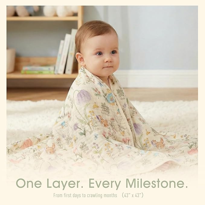 6-Layer Muslin Baby Blanket Made with Organic Cotton - Enchanting Woodland Garden,Swaddle & Crib Quilt, 43" x 43",Garden(Gender Neutral)
