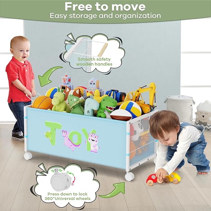 Large Toy Box with Wheels, 120L Toy Boxes for Extra Large Metal & Oxford Cloth Toy Chest Toy Organizer with Wooden Handle for Bedroom, Living Room Area, Stuffed Toys, Clothes(Blue, 1PC)