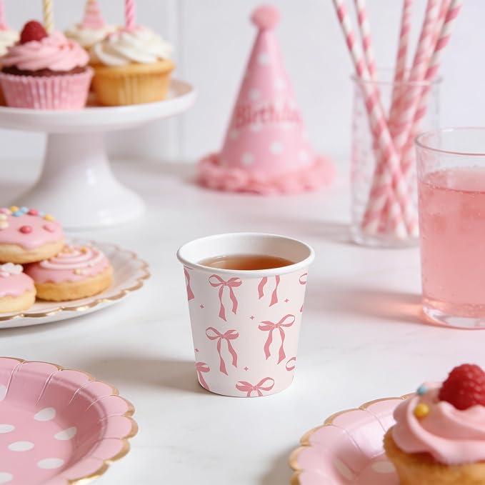 WRAPAHOLIC 3oz Paper Cups - 100 Pack Disposable Bathroom Cups with Pink Bow Design, Small Mouthwash Cup for Toothbrush Rinse, Home Bathroom, Picnic, BBQ, Travel and Party