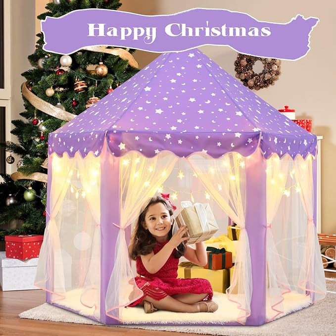 Purple Princess Tent for Girls, Kids Play Tent with LED Small Star Lights, Castle Playhouse Tent for Children Toddlers Indoor Outdoor Games, 55×53 Inches