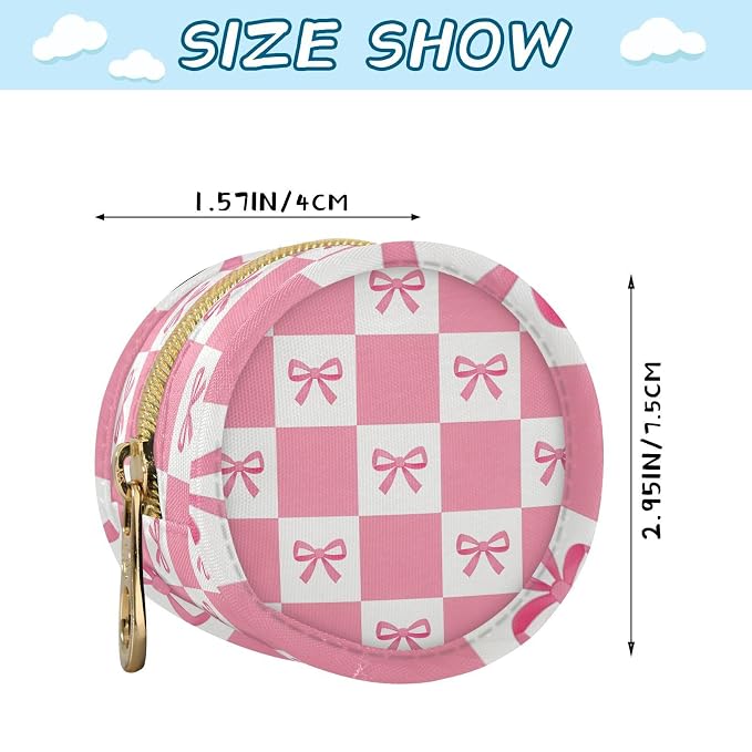 Pacifier Holder with Clip Pacifier Case for Diaper Bag Round Baby Pacifier Pouch Box Bag Portable Pink Bows Checkerboard