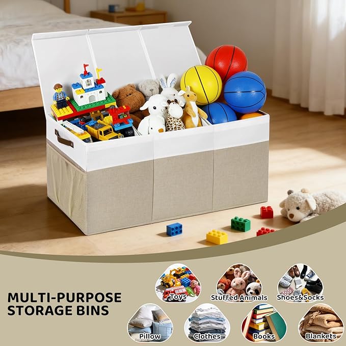 Extra Large Foldable Toy Chest with Lid,Collapsible Kids Toy Storage Box Organizer,Large Fabric Storage Bin for Nursery Playroom Bedroom Living Room,40?�x18?�x14??White & Beige