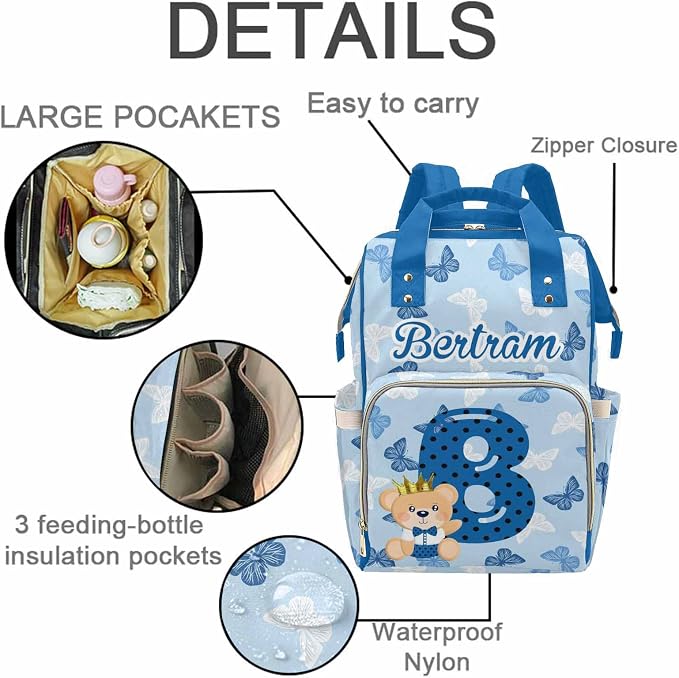 M YESCUSTOM Diaper Bag Custom Name Letter Personalized Blue Butterfly Diaper Bag with Cartoon Prince Bear Suits for Women Travel Outdoor Use