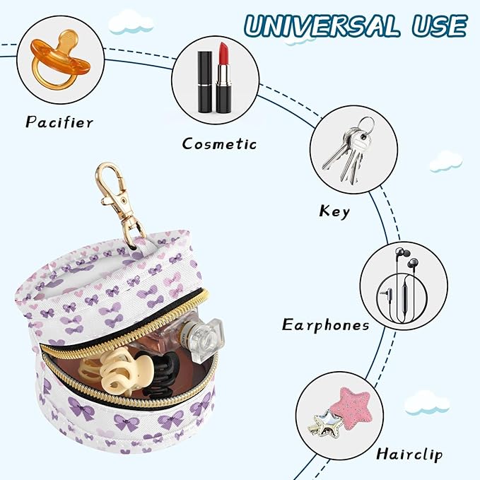 ATTX Purple Bows Pacifier Holder Case with Clip - Leakproof & Portable Storage for 2 Pacifiers (2.95" Diameter), Attaches to Diaper Bag, Stroller or Purse